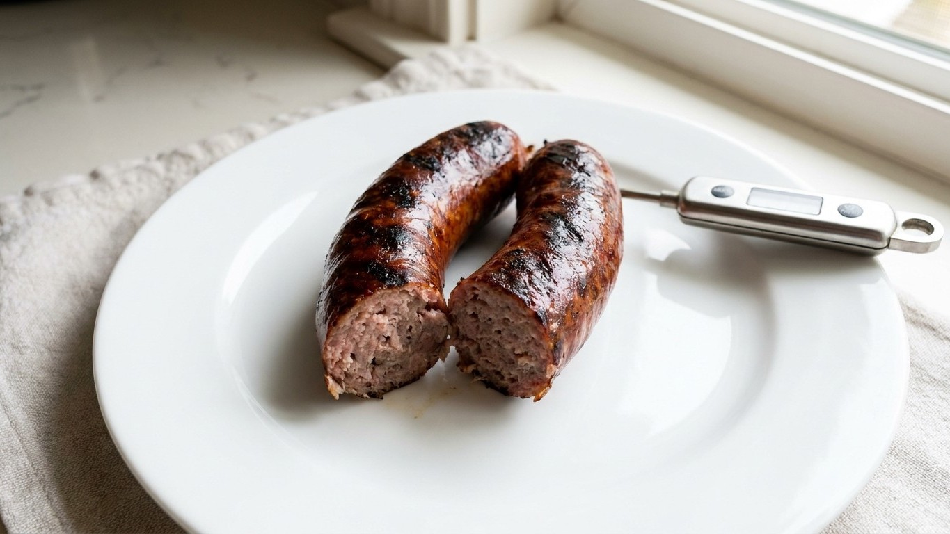 I grilled my sausages until they were nicely browned all over: the day I cut one open on the plate, I saw what was still s...