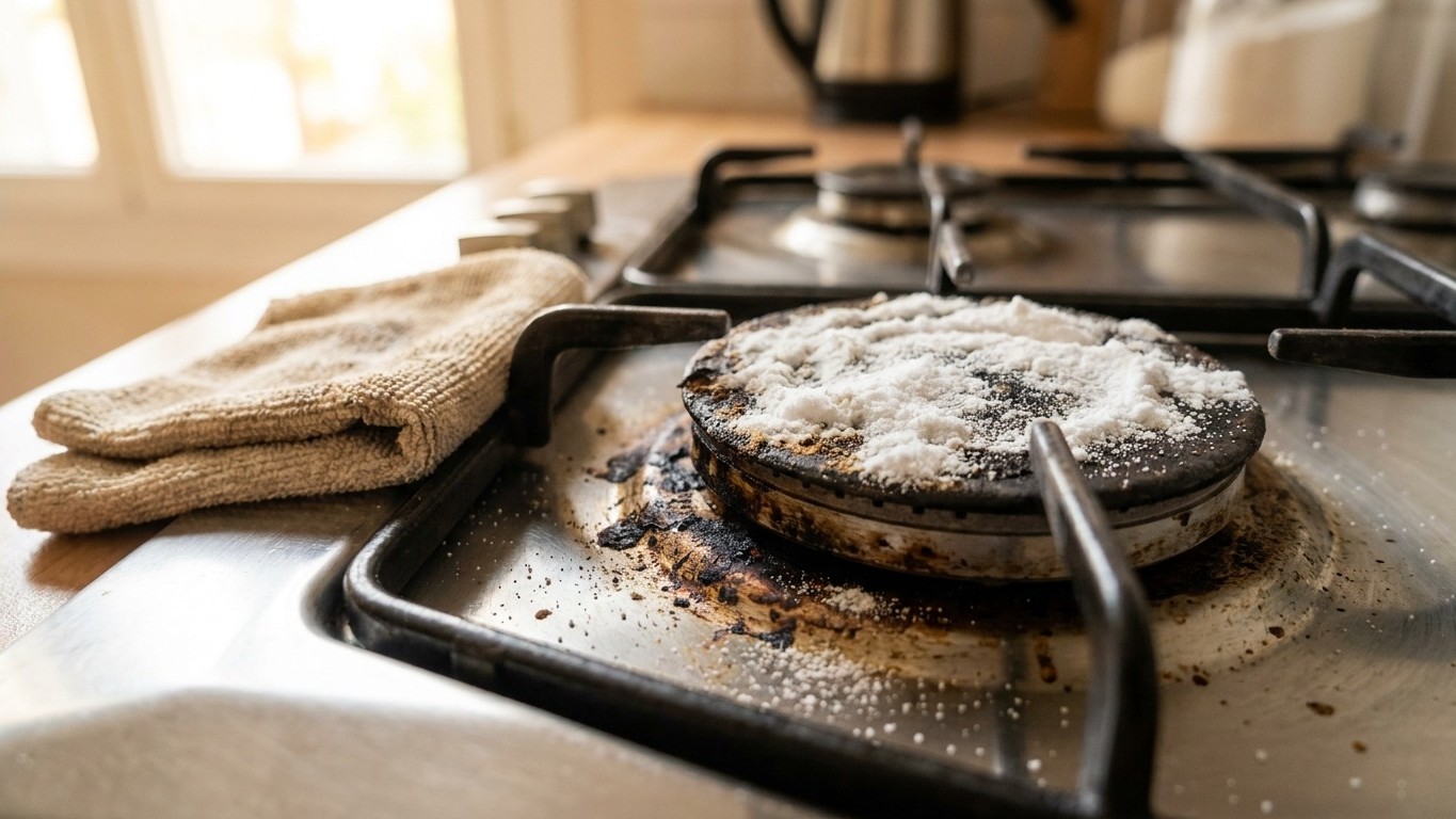 I poured white vinegar over the bicarbonate on my burnt hob every week just to see it fizz: the day I scrubbed with the po...
