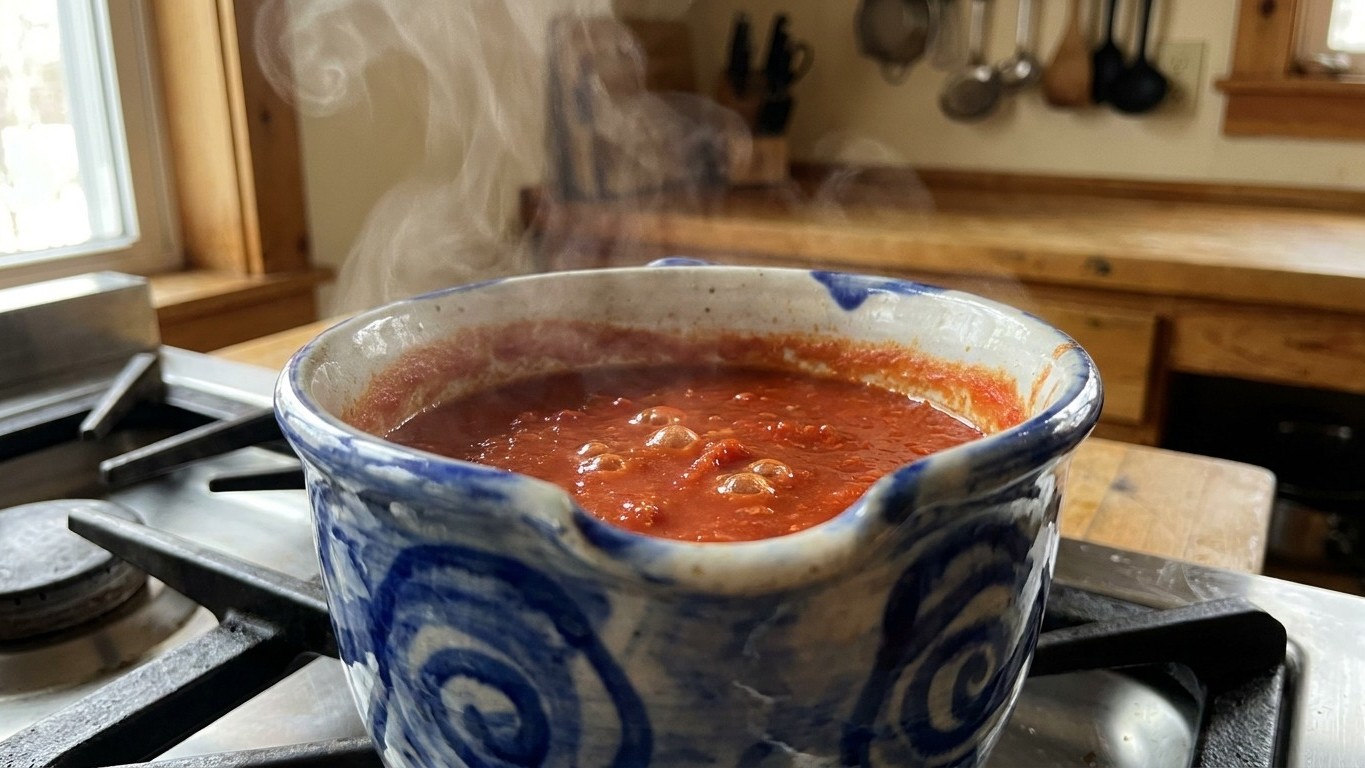 I simmered my tomato sauce in a decorative ceramic pot just because it looked beautiful on the table: after three hours on...