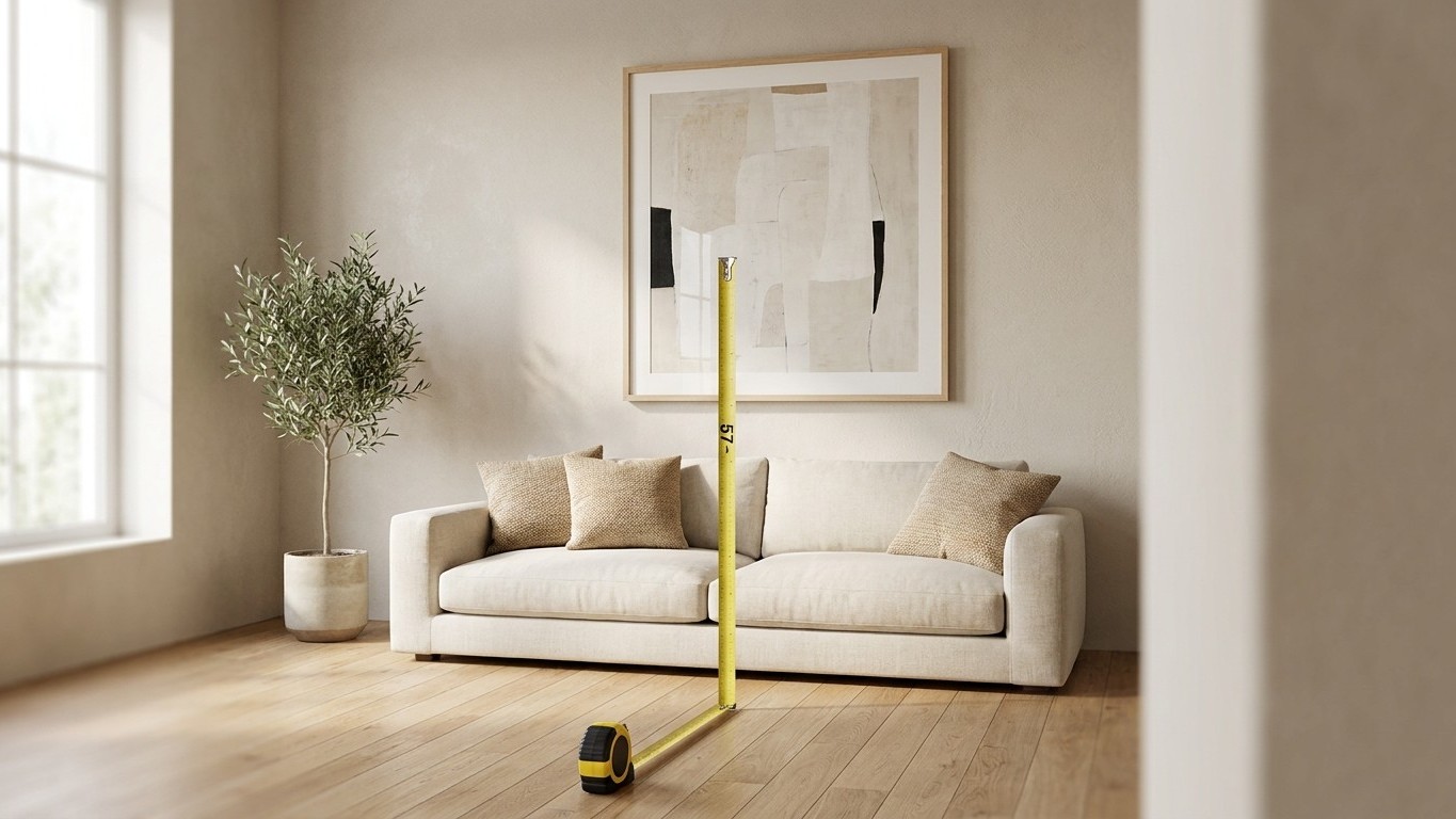 Museum hangers never line a frame up with the top of the sofa or the middle of the wall: the one height that stops the roo...