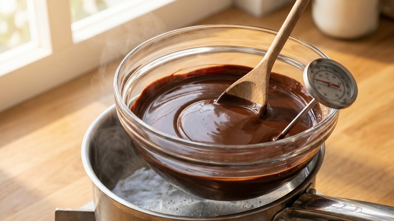 Pastry chefs never melt couverture over a boiling pan or in a warm bowl: the one temperature range that keeps it glossy ri...